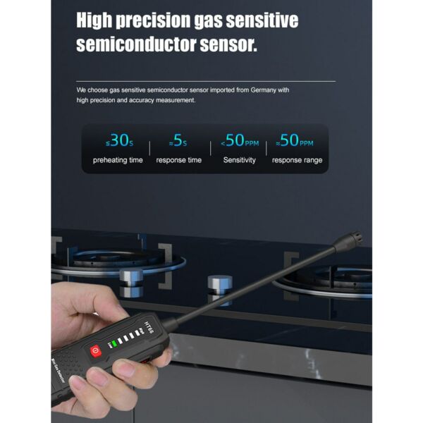 HABOTEST HT66 Mini kézi éghetőgáz-érzékelő műszer hosszú szondával, gázszivárgás-figyelővel, PPM-mérő metánkoncentráció-riasztó műszer