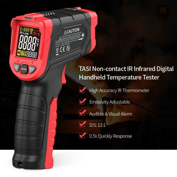 TASI érintésmentes IR digitális kézi hőmérsékletmérő 12:1 pirométer színes LCD kijelző háttérvilágítással - -50～680 ℃