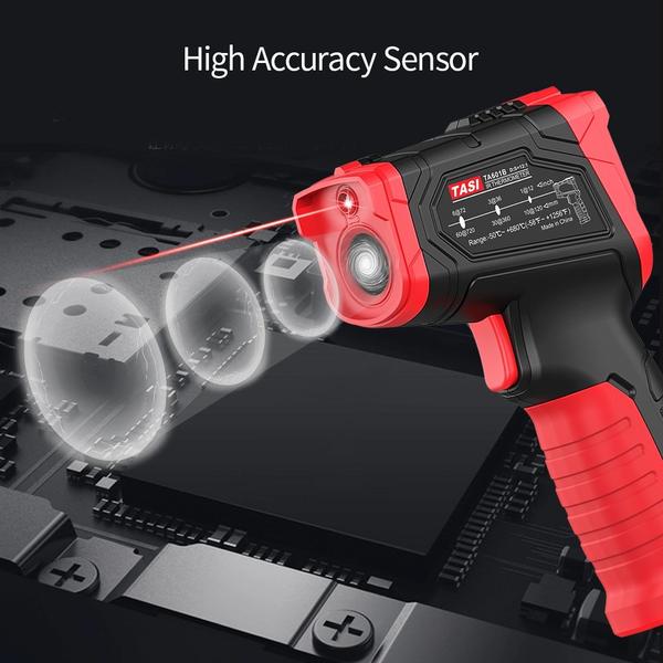 TASI érintésmentes IR digitális kézi hőmérsékletmérő 12:1 pirométer színes LCD kijelző háttérvilágítással - -50～680 ℃