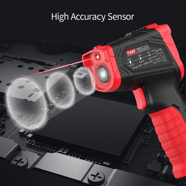 TASI érintésmentes IR digitális kézi hőmérsékletmérő 12:1 pirométer színes LCD kijelző háttérvilágítással - -50～880 ℃