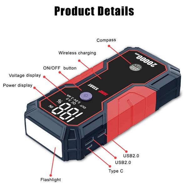 Hordozható autóindító 20000 mAh 12V autóakkumulátor indító (USB töltés)
