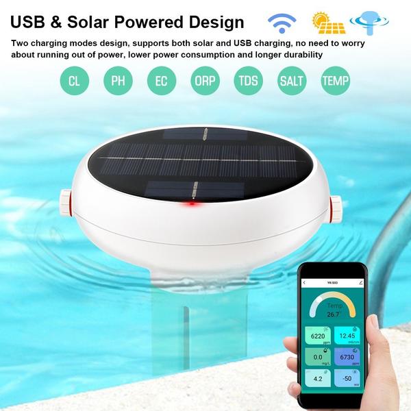 WiFi Intelligens 7 az 1-ben PH ORP EC Összes oldott szilárdanyag sótartalom Hőmérséklet Klór teszt mérő úszómedence víztesztelő online elemző napenergiával működő