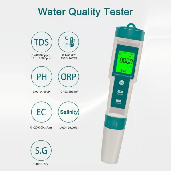 Hordozható többfunkciós digitális 7 az 1-ben vízminőség-mérő nagy pontosságú toll PH/TDS/EC/Sótartalom/ORP/S.G/hőmérsékletmérő (háttérvilágítással)