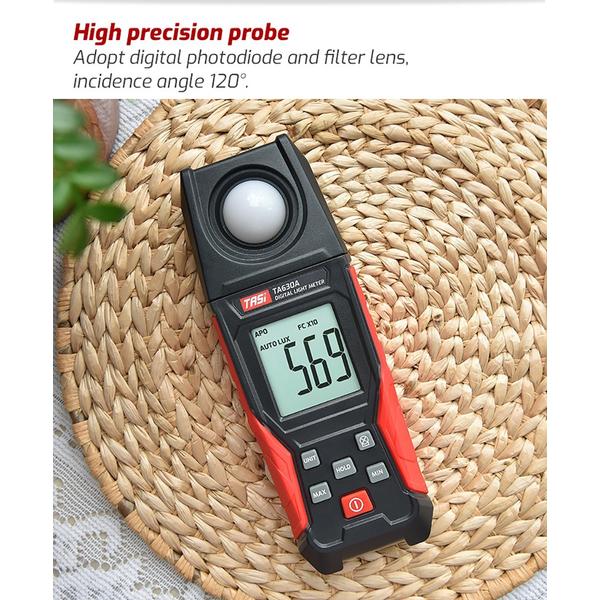TASI digitális fényerejű fénymérő rögzítési funkcióval rendelkező LCD kijelzővel 0-200 000 mérési tartomány, rugalmas érzékelő - TA630B