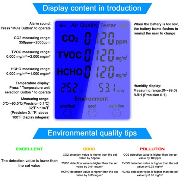 Többfunkciós levegőminőség-mérő CO2 TVOC Hőmérséklet páratartalom mérő készülék