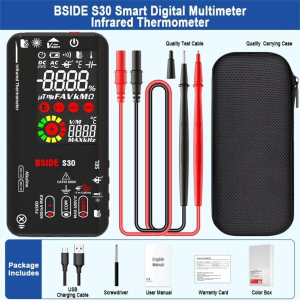 BSIDE 4 az 1-ben digitális multiméter infravörös hőmérő elektromos teszttoll áramkör elemző érzékelő 3,5 hüvelykes LCD színes kijelző - Fekete