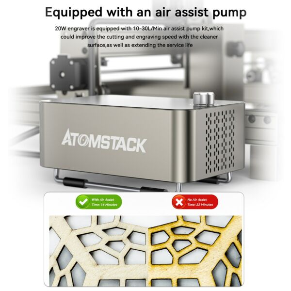ATOMSTACK S20 Pro 20W lézergravírozó vágógép 400x400mm-es méhsejt munkaasztallal és levegősegéd kiegészítővel