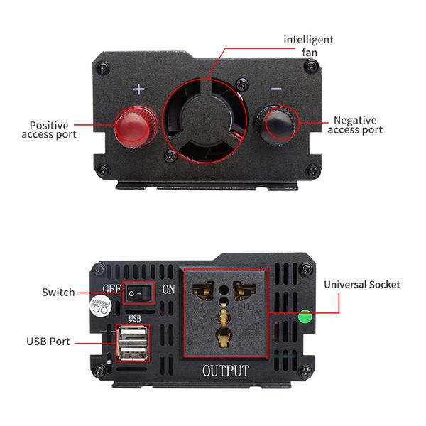 Tiszta szinuszos inverter DC 12V/24V - AC 220V-240V 800W Tiszta szinuszos inverter, kettős USB-portos hűtőventilátor autós lakóautó-csónak hálózaton kívüli áramellátásához