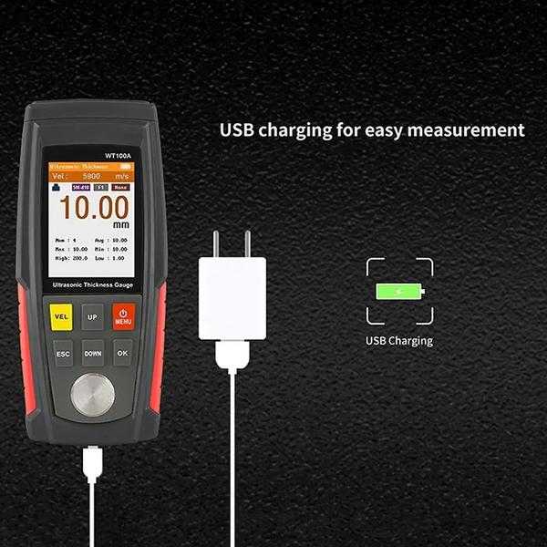 Ultrahangos vastagságmérő mérési tartomány 1,00-225,0 mm színes képernyő fényerő-választással USB-töltés adattárolás Automatikus kikapcsolás adatelemzés fém/műanyag/kerámia/üveg interfészhez