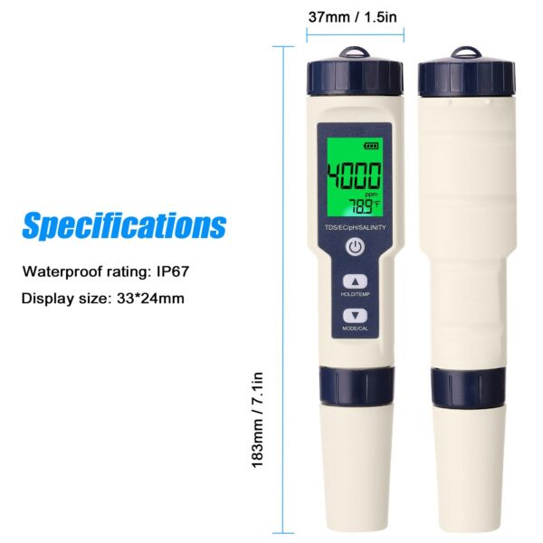 5 az 1-ben professzionális többparaméteres kombinált tesztelő PH/EC/TDS/sótartalom/hőmérő digitális teszter vízminőség-mérő - háttérvilágítással