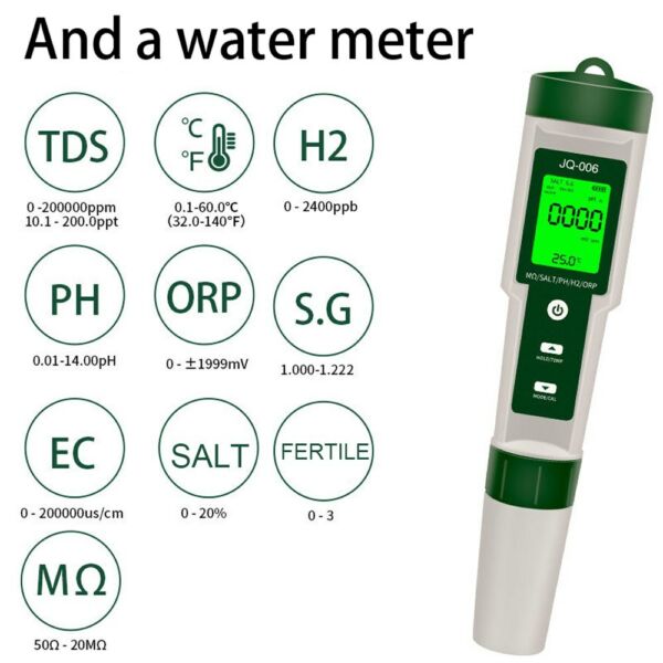 Hordozható, többfunkciós digitális 10 az 1-ben vízminőség-tesztelő nagy pontosságú toll PH/TDS/EC/Sótartalom/ORP/H2/S.G/Hőmérséklet/tápanyag-oldat koncentráció/㏁ Mérés (háttérvilágítás nélkül)