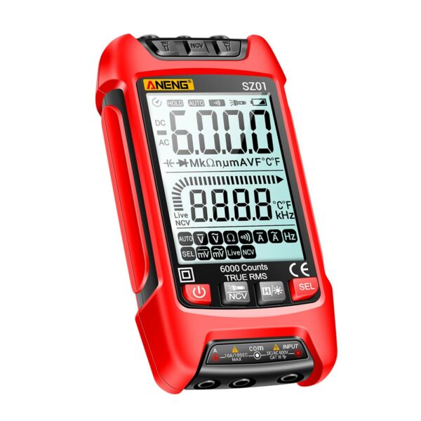 ANENG SZ01 intelligens digitális kézi multiméter, 6000 számláló, automatikus hatótávolságú True RMS NCV univerzális feszültségmérő, háttérvilágítású zseblámpával AC/DC feszültség és áram, ellenállás, frekvencia mérés - Piros