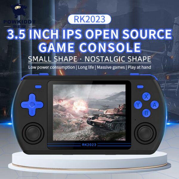 Powkiddy RK2023 hordozható kézi játékkonzol HD videó kimenet 3,5 hüvelykes IPS képernyő fejhallgató csatlakozóval 16 GB rendszerkártya és 128 GB játéktároló kártya - Fekete
