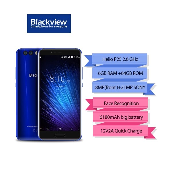  EU ECO Raktár - Blackview P6000 6GB RAM Face ID Arcfelismerés 5.5-inch 6180mAh 21MP 1080P FHD Mobile Phone Android 7.1.1 Helio P25 Octacore 2.6GHz E-Compass OTA OTG 4G Okostelefon - Kék