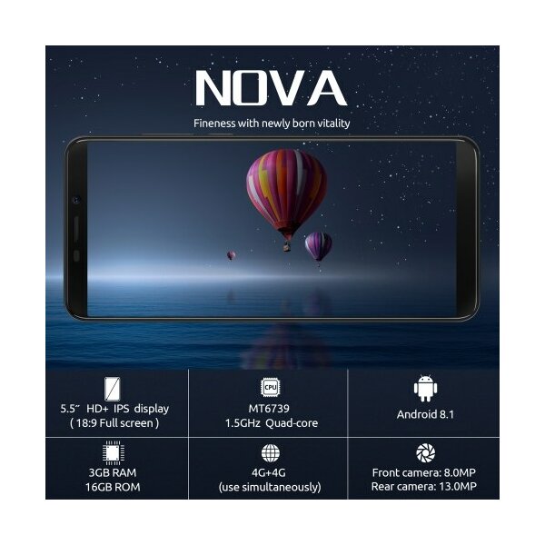 EU ECO Raktár - CUBOT Nova 4G Okostelefon 3GB RAM + 16GB ROM 5.5" HD+ 18:9 Screen Android 8.1 MT6739 Quad-Core 2800mAh 13MP+8MP Kamera - Fekete