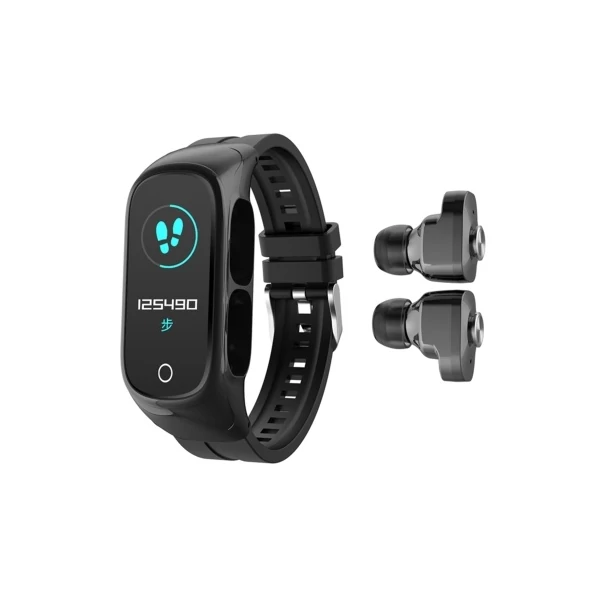 2-In-1 TWS True Wireless BT5.0 Sport fülhallgató és Fitness Tracker Lépésszámláló Kalóriaszámláló Egészségtevékenységmérő Okosóra - Fekete