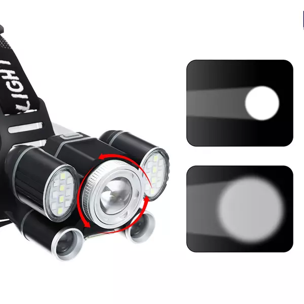 OUTERDO LED 5 Üzemmóddal Rendelkező LED Fejlámpa Újratölthető Akkumulátorral - Fekete