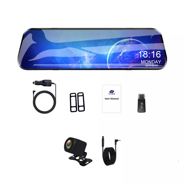 EU ECO Raktár - E-ACE 10 Inch 1080P Érintőkijelzős Autós Menetrögzítő Visszapillantó DVR Kamera Beépített GPS Vevővel - Fekete