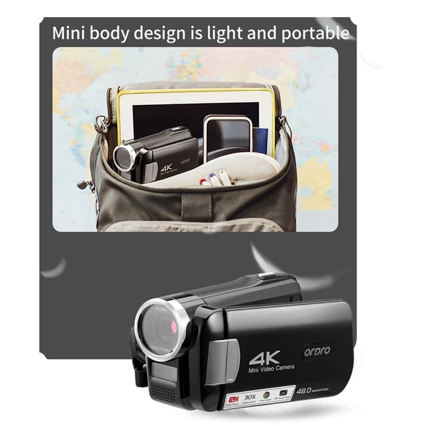 EU ECO Raktár - ORDRO AC2 4K 48MP 30X digitális zoom IR Night Vision 3,0 hüvelykes IPS érintőképernyővel Rendelkező Videókamera - Fekete