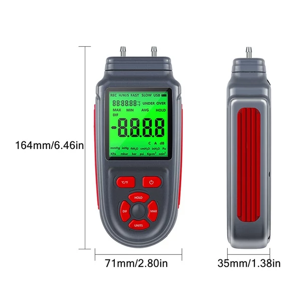 EU ECO Raktár - Digitális manométer, kétportos levegőgáznyomás-mérő, nyomáskülönbség-mérő LCD háttérvilágítású kijelzővel Beépített Akkumulátorral - Piros