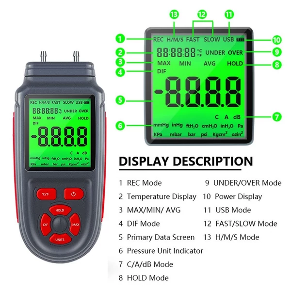 EU ECO Raktár - Digitális manométer, kétportos levegőgáznyomás-mérő, nyomáskülönbség-mérő LCD háttérvilágítású kijelzővel Beépített Akkumulátorral - Piros