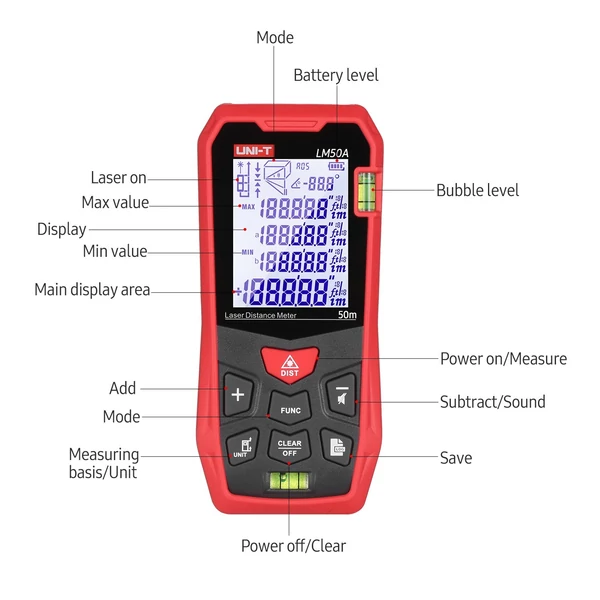 UNI-T LM50A Lézeres távolságmérő LCD háttérvilágítású kijelzővel - Piros