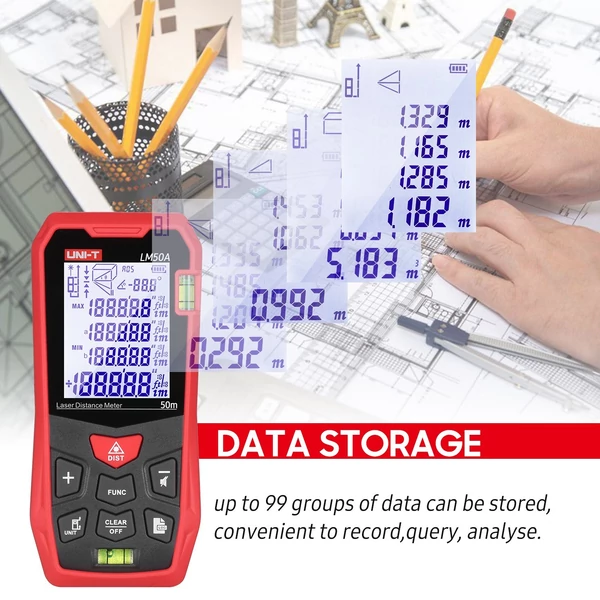 UNI-T LM50A Lézeres távolságmérő LCD háttérvilágítású kijelzővel - Piros