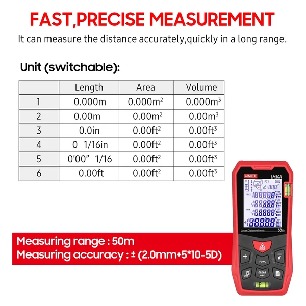 UNI-T LM50A Lézeres távolságmérő LCD háttérvilágítású kijelzővel - Piros