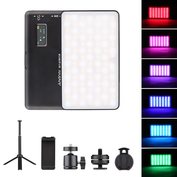 EU ECO Raktár - Andoer W140 RGB LED videolámpa készlet CRI95+ 2500K-9000K szabályozható 20 fényeffektusal Asztali állvánnyal - Fekete