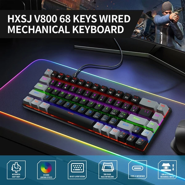 EU ECO Raktár - HXSJ V800 68 Gombos Vezetékes Mechanikus Gamer Billentyűzet RGB Háttérvilágíátssal - Szürke