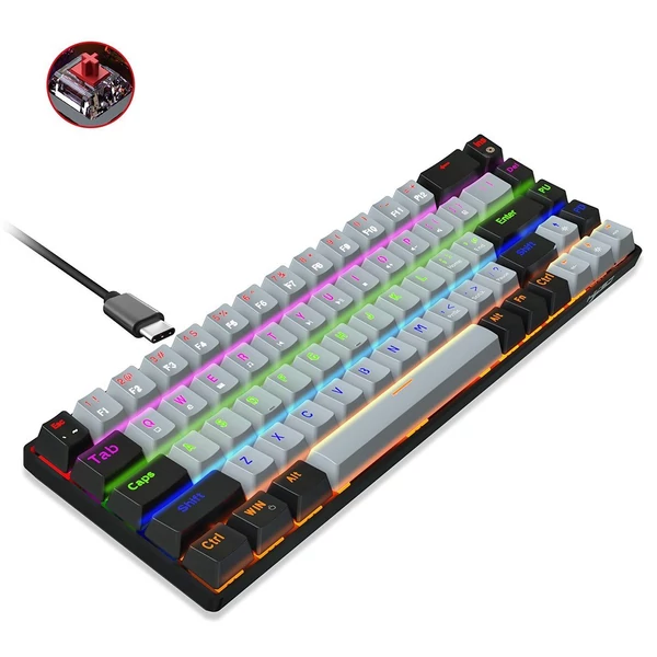 EU ECO Raktár - HXSJ V800 68 Gombos Vezetékes Mechanikus Gamer Billentyűzet RGB Háttérvilágíátssal - Szürke