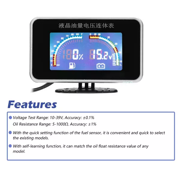 2-in-1 LCD Autós digitális Mérőműszer üzemanyagszint-mérő voltmérő univerzális műszer 9-36V Feszültséggel - Fekete