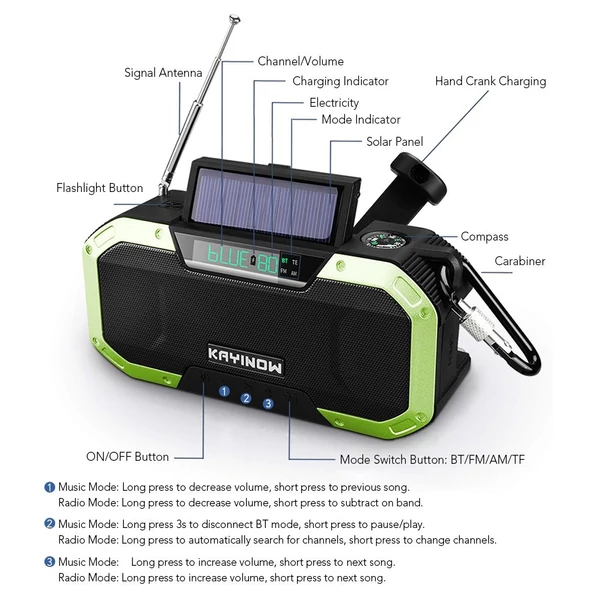 EU ECO Raktár - Beépített Napelemmel Rendelkező 5000mAh Hordozható Kültéri Powerbank Beépített FM Rádióval és Hangszóróval - Fekete