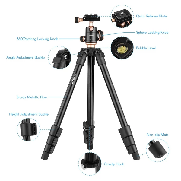 Andoer Q160SA Állítható magasságú hordozható utazóállvány DSLR Tripod Kameraállvány - Fekete