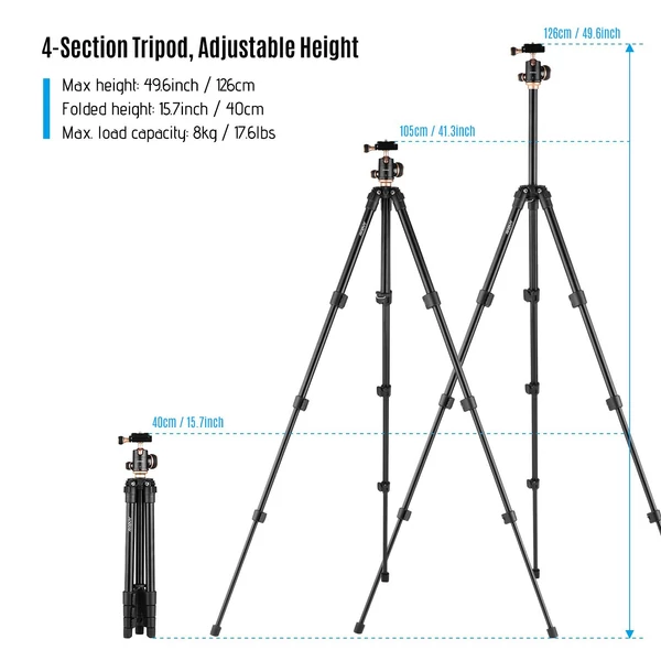 Andoer Q160SA Állítható magasságú hordozható utazóállvány DSLR Tripod Kameraállvány - Fekete