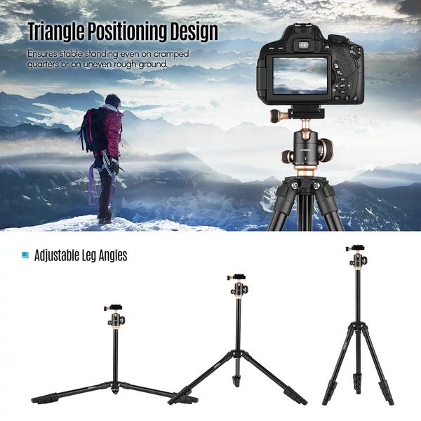 Andoer Q160SA Állítható magasságú hordozható utazóállvány DSLR Tripod Kameraállvány - Fekete