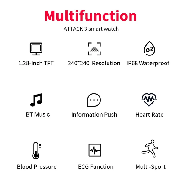 LOKMAT ATTACK 3 1.28-inch TFT BT-hívás EKG-monitorozás Vezetéknélküli Sporttevékenységmérő Bluetooth Okosóra