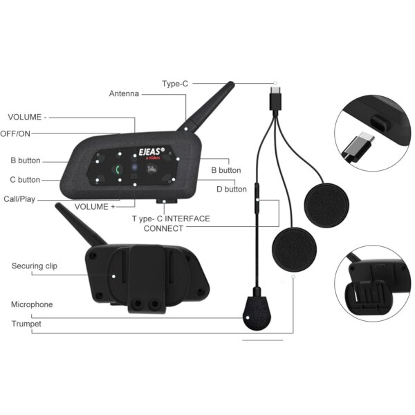 EU ECO Raktár - EJEAS V6 Pro Sisakra Erősíthető Vezetéknélküli Bluetooth Kihangosító Headset - Fekete
