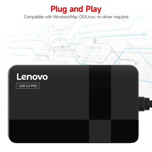 Lenovo D303 USB3.0 4-in-1 SD/TF/MS/CF Nagysebességű Külső Kártyaolvasó - Fekete