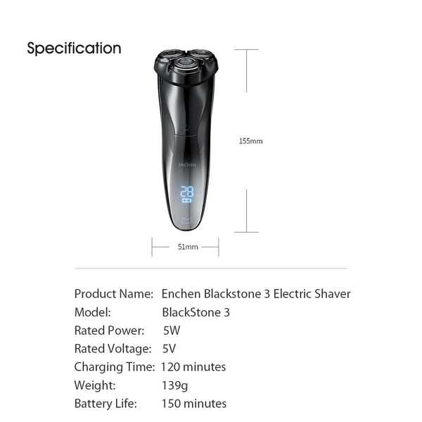 Enchen BlackStone 3 Elektromos Borotva + ENCHEN BlackStone 3 Cserélhető Borotvafej - Fekete