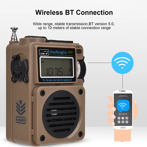 HRD-700 Hordozható Kültéri AM FM FM/SW/MW/WB Rádió Beépített Hangszóróval Bluetooth Funkcióval - Barna