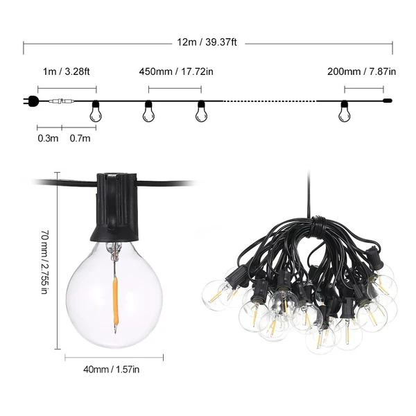 Tomshine 12m E12 típusú G40 LED fényfűzér 25 foglalatos 28 izzóval - Meleg fehér