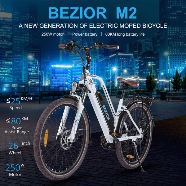 BEZIOR M2 26 hüvelykes, 250 W-os teljesítményrásegítő elektromos kerékpár - Fekete