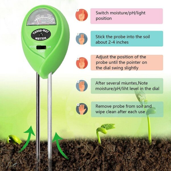 3 az 1-ben Talajvizsgáló nedvességtartalommal pH-mérő kertészeti eszköz mezőgazdasági pázsithoz beltéri kültéri használatra - Zöld