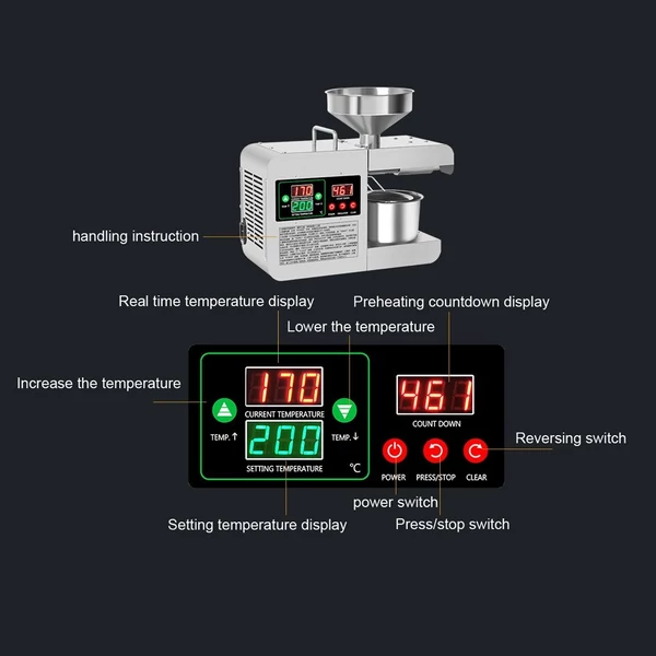 600W 220V intelligens színes kijelzős konyhai rozsdamentes acél olajprés gép és olajelszívó