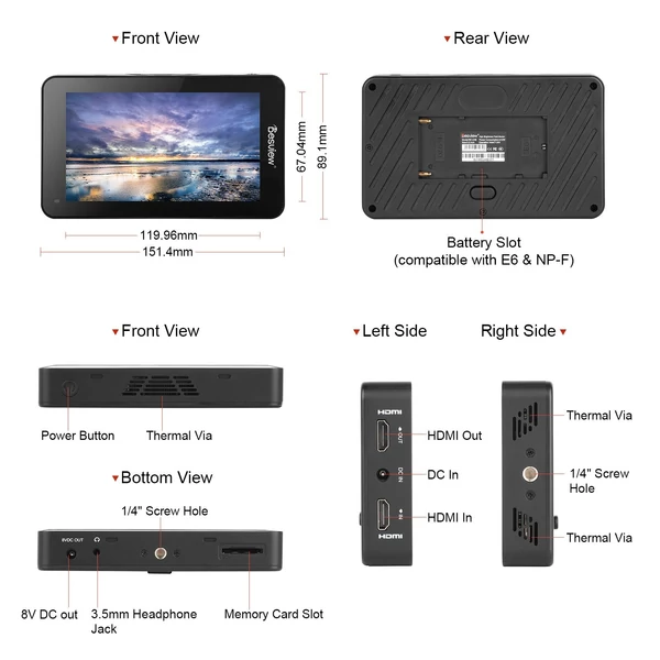 EU ECO Raktár - Bestview R6 UHB 5.5 Inch Kamera Figyelő Monitor 4K HDMI Kimenet & Bemenet FHD 1920 * 1080 Érintőkijelzővel - Fekete