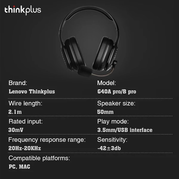 Lenovo Thinkplus G40A Pro Vezetékes Gamer Fejhallgató Berépített Mikrofonnal - Fekete