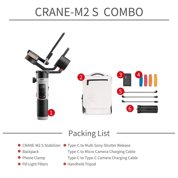 EU ECO Raktár - ZHIYUN CRANE-M2 S kompakt kézi 3 tengelyes kardánstabilizátor készlet LED Világítással Beépített Akkumulátorral - Fekete