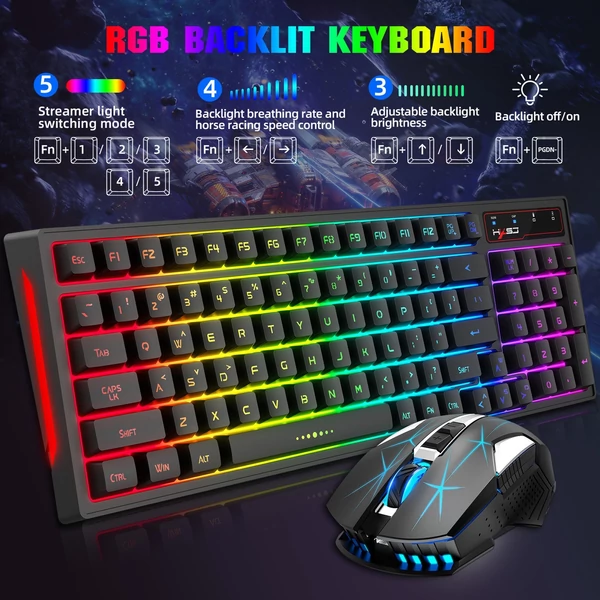 EU ECO Raktár - HXSJ L99 2.4G 96 Billentyűs Vezetéknélküli Gamer Billentyűzet és Egér Készlet RGB Háttérvilágítással - Fekete