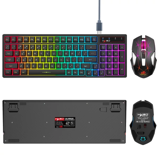 EU ECO Raktár - HXSJ L99 2.4G 96 Billentyűs Vezetéknélküli Gamer Billentyűzet és Egér Készlet RGB Háttérvilágítással - Fekete